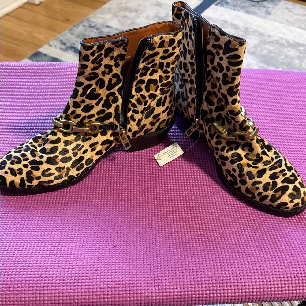 Coach Leopard Print Ankle Booties with Gold Chain Trim - Picture 4 of 7